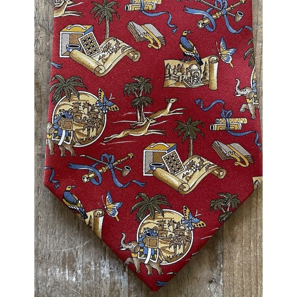 Salvatore Ferragamo 100% Silk Red Holiday Tie Explorer Elephant Deer Map Ribbons